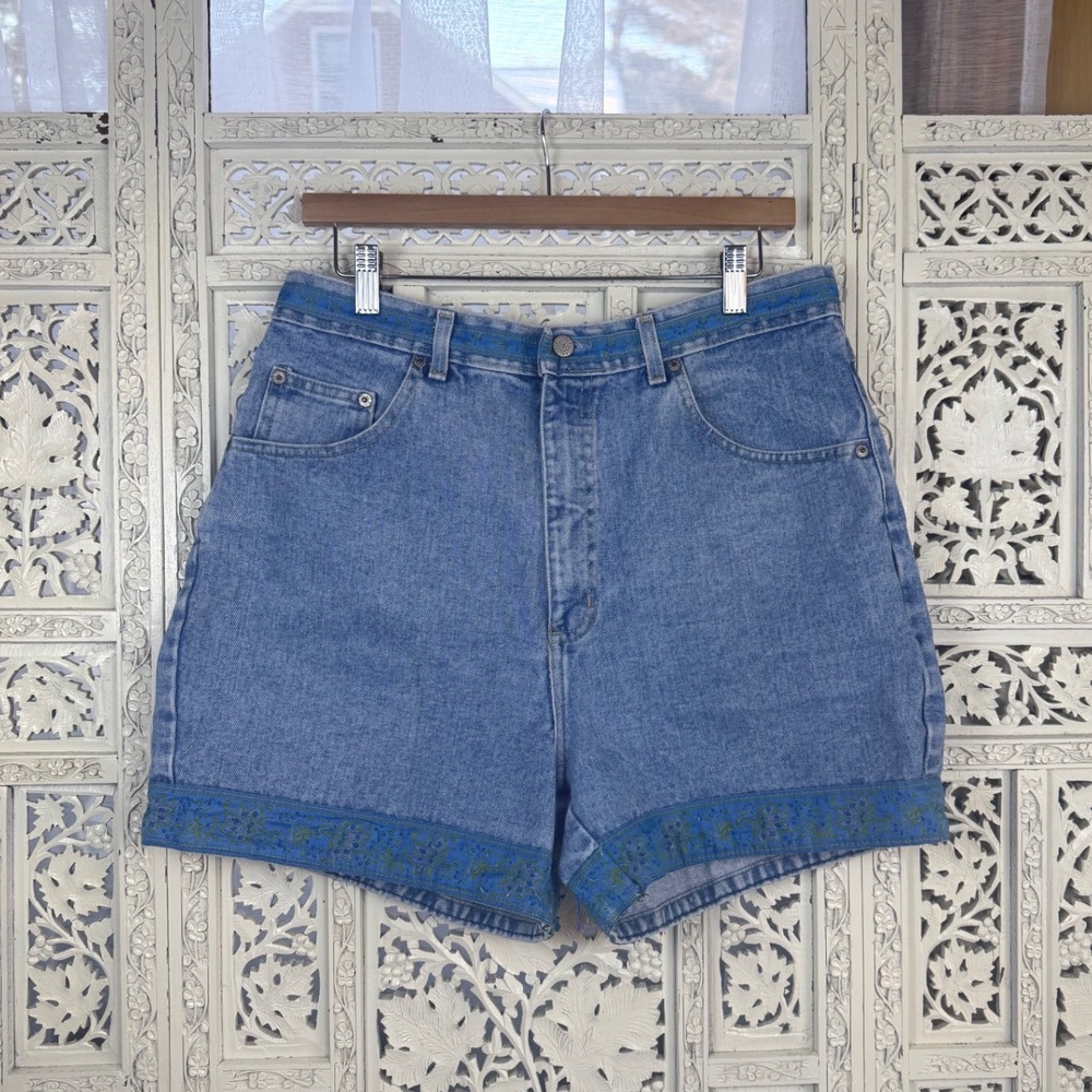 Vtg Bill Blass Medium Wash Tapestry Denim Shorts Sz 14 Boho Indie Artsy Artisan